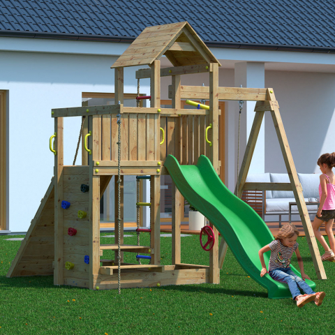 Aire de jeux extérieure en bois pour enfants toboggan balançoire escalade Activer