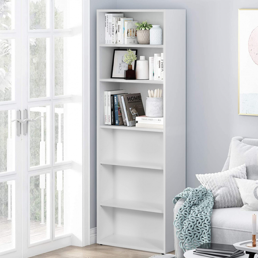 Hoge boekenkast met 6 vakken in wit gelakt hout Parallelepiped Aanbieding