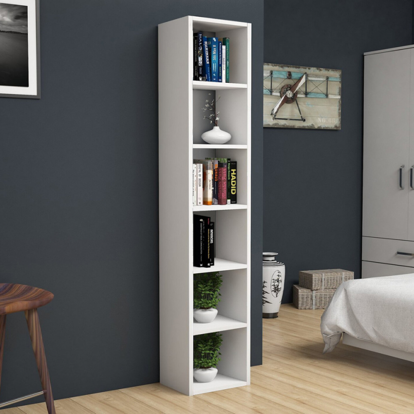 Hoge en smalle houten boekenkast in witte kleur met 6 compartimenten Tower Aanbieding Hoge en smalle houten boekenkast in witte kleur met 6 compartimenten Tower Aanbieding