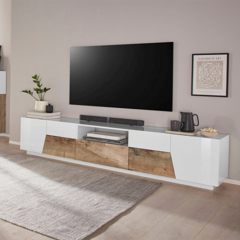 Meuble TV 220x43cm mur bois blanc salon moderne Fergus Wood Promotion