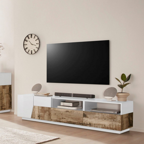 TV-meubel 200x43cm muurbevestiging woonkamer wit modern hout Hatt Wood Aanbieding