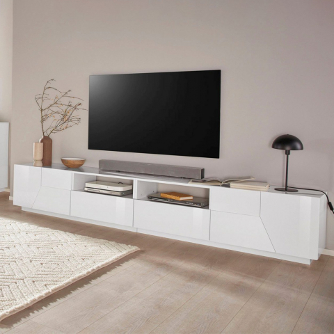 Meuble TV salon moderne 260x43cm blanc brillant More Promotion