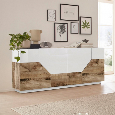 Buffet bois blanc 4 compartiments 200x43cm salon meuble cuisine Hariett Wood