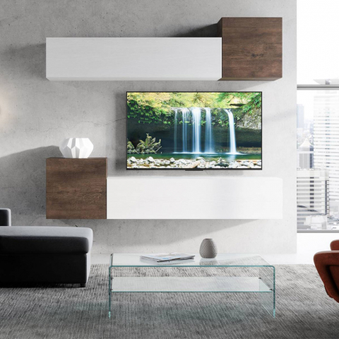 Meuble TV mural de salon en bois blanc avec 4 éléments suspendus A37