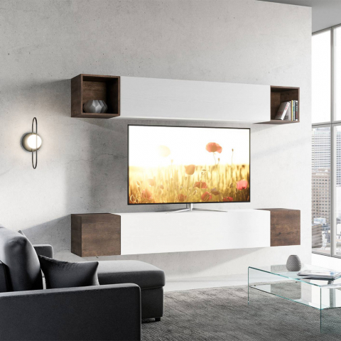 Ensemble mural moderne suspendu salon meuble TV en bois blanc A38