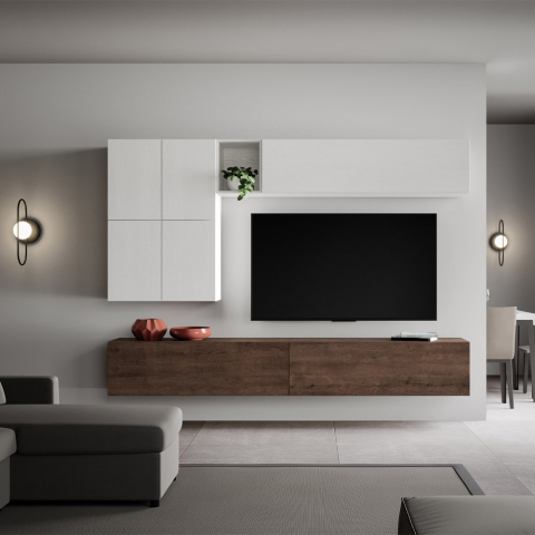 Système mural TV de salon moderne suspendu en bois blanc A16 Promotion