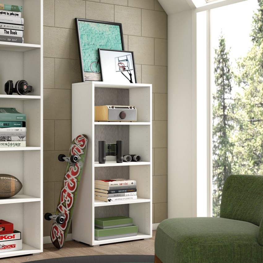 Bibliothèque bureau design moderne studio salon 4 compartiments blanc gris Promotion