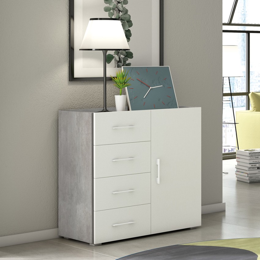 Moderne design ladekast met 4 lades en deur, grijs en wit Aanbieding Moderne design ladekast met 4 lades en deur, grijs en wit Aanbieding