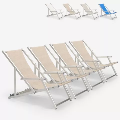 4 Ligstoelen zee strand armleuningen aluminium opvouwbaar Riccione Gold Lux